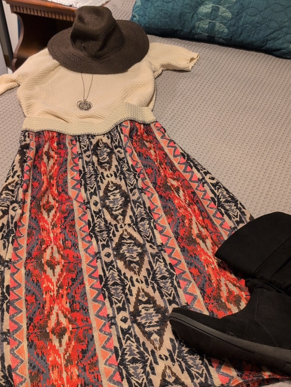 Denim 24/7 Red, Navy & Cream Tribal Print Maxi Skirt